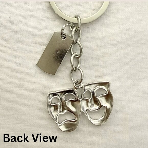 Theater Masks Keychain Bag Charm 3 Inch Silver Tone Drama Comedy Accessory - Picture 5 of 6